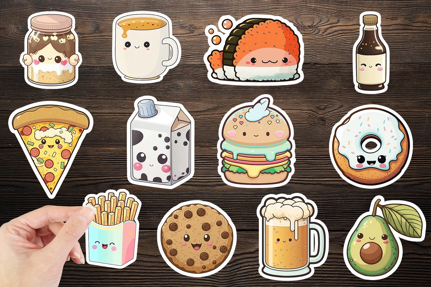 Bộ sticker đồ ăn dễ thương gồm pizza, bánh burger, cà phê, bánh donut, sushi và bơ