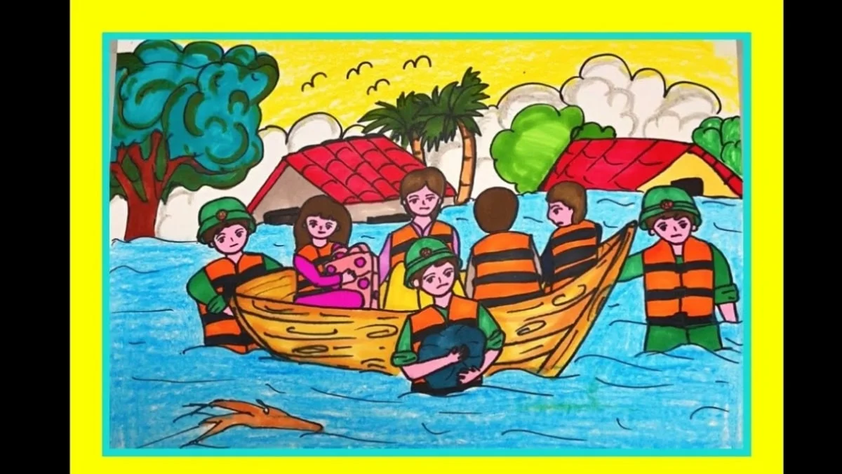 Tranh vẽ chú bộ đội cứu người dân trong mùa mưa bão