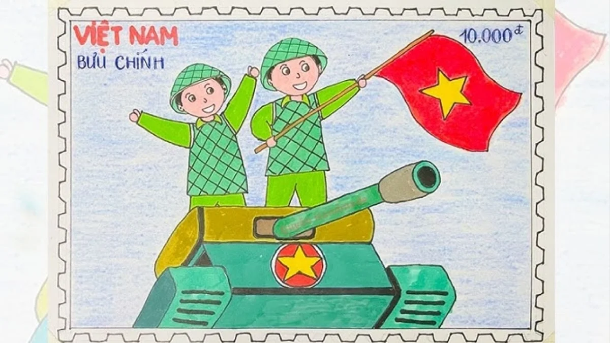 Tranh vẽ chú bộ đội đang dương cao lá cờ Tổ Quốc