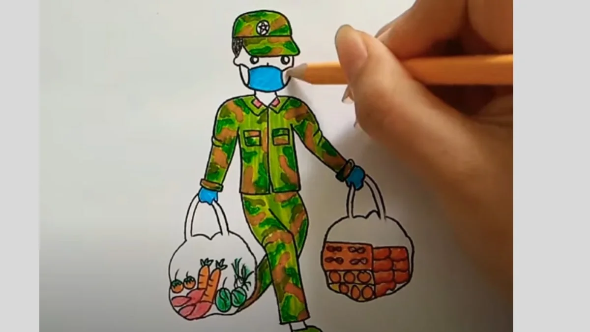 Tranh vẽ chú bộ đội giúp dân chống dịch