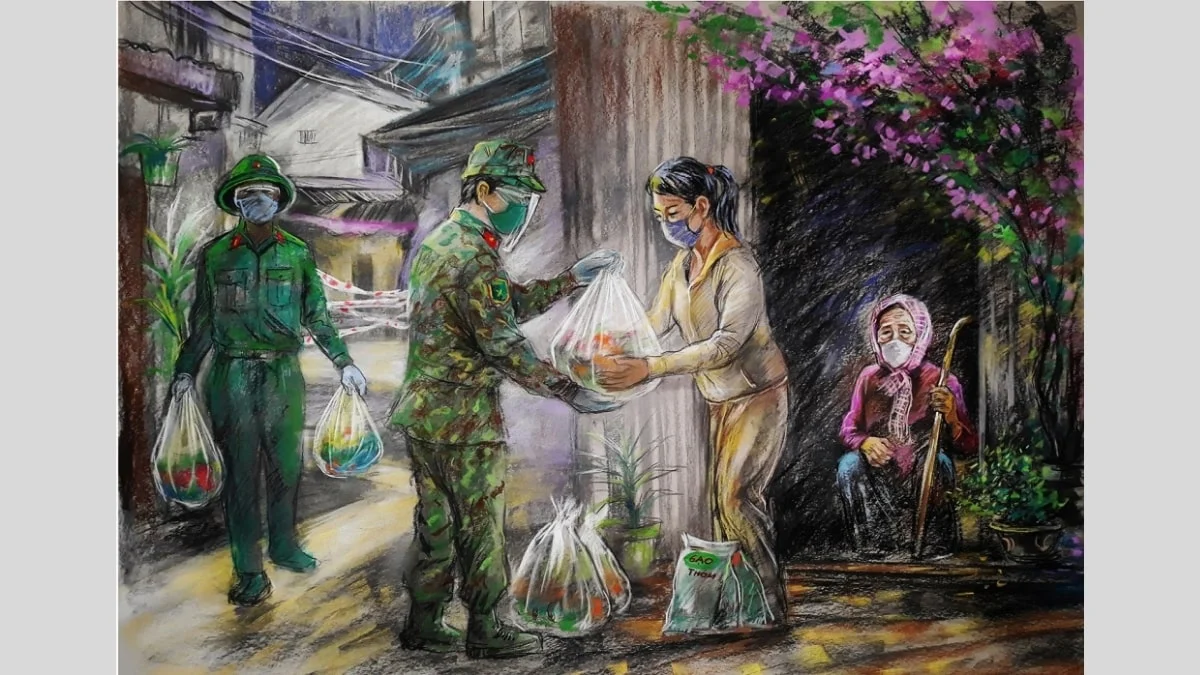 Tranh vẽ chú bộ đội phát đồ ăn cho người dân khi nạn dịch xảy ra