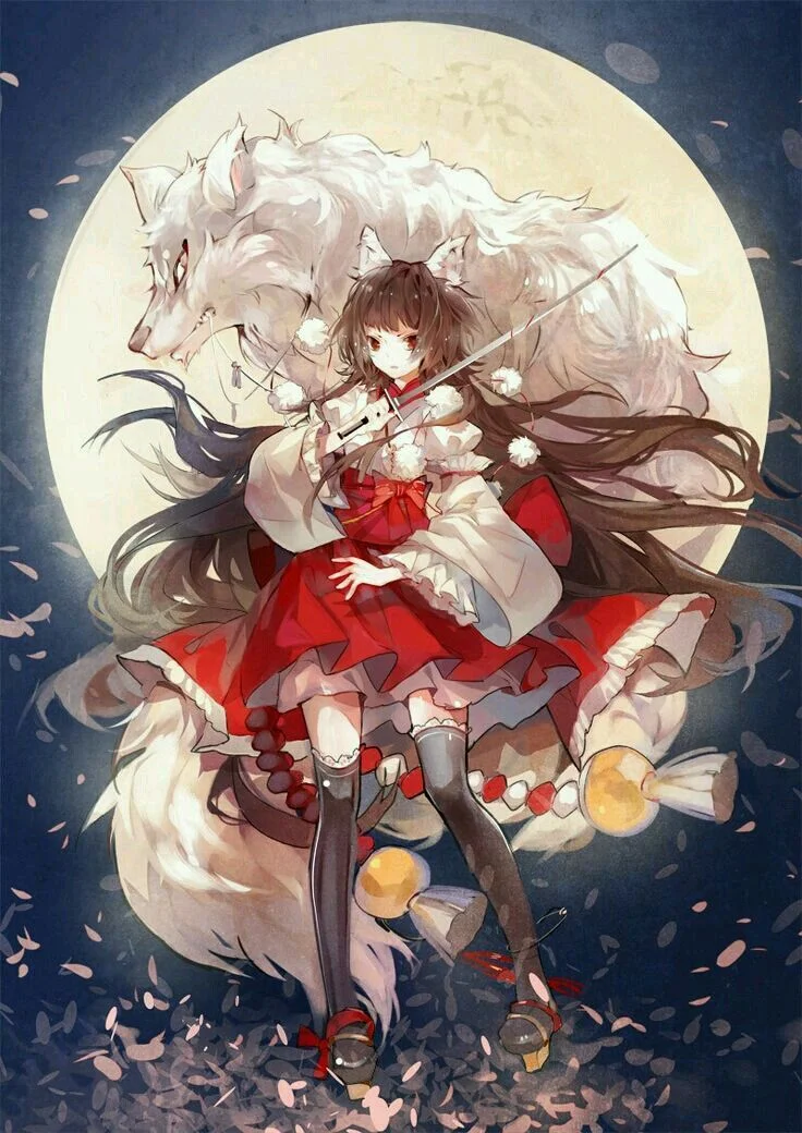 hình ảnh anime cô gái và hồ ly trắng dưới ánh trăng rằm