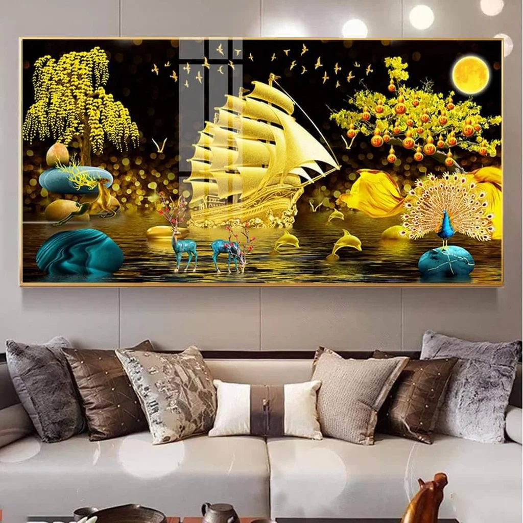Tranh thuận buồm xuôi gió thuyền buồm vàng 3D cùng hươu cây tài lộc treo phòng khách