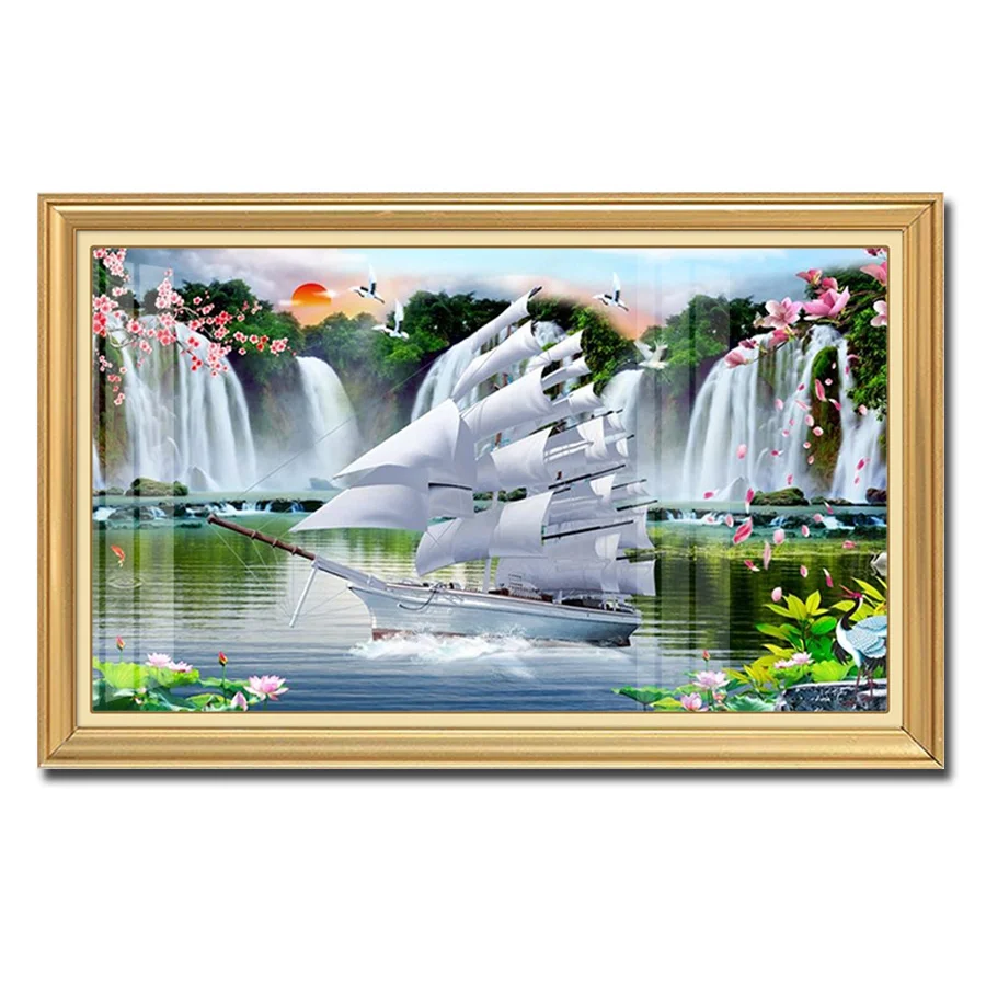 Tranh thuận buồm xuôi gió thuyền buồm trắng giữa thác nước hoa đào khung vàng