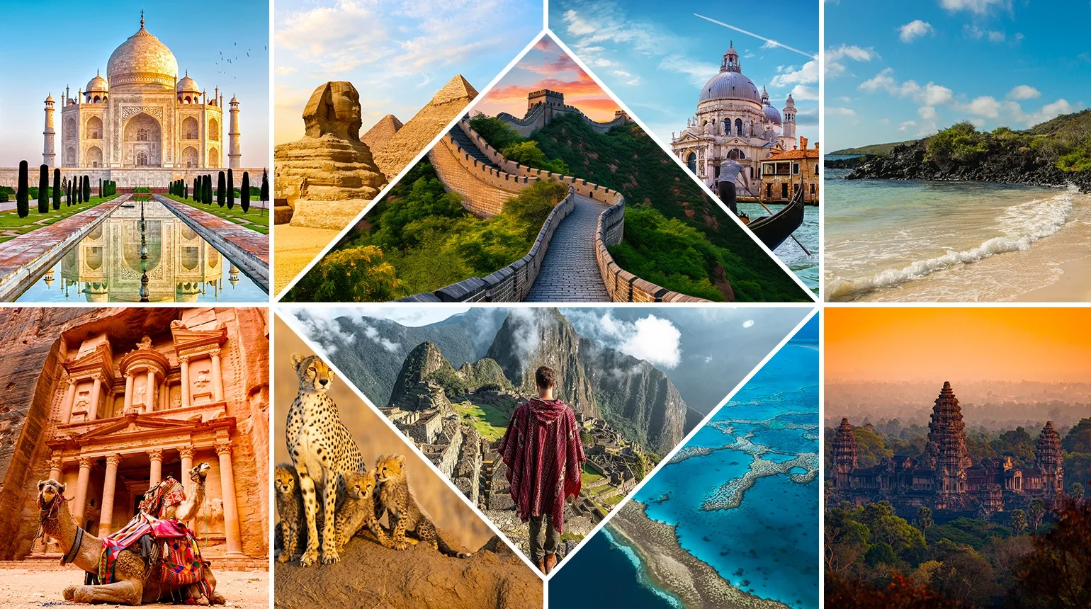 Hình ảnh đẹp ghép các kỳ quan thế giới như Taj Mahal, kim tự tháp, Vạn Lý Trường Thành, Machu Picchu, Petra, bãi biển và Angkor Wat