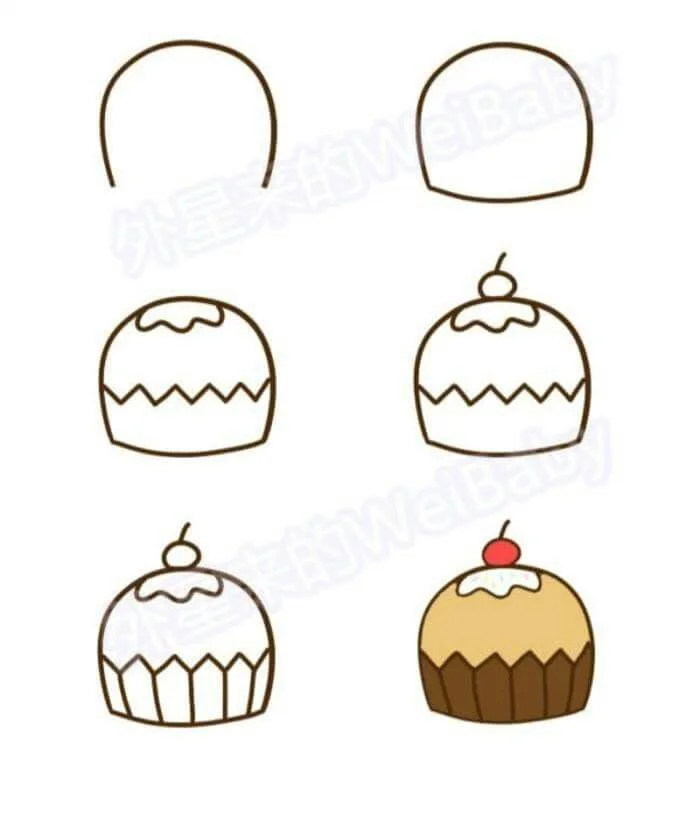 hình vẽ cute đơn giản đồ ăn - hướng dẫn 6 bước vẽ bánh cupcake cherry dễ thương trên nền trắng