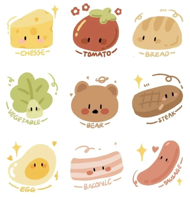 hình vẽ cute đơn giản đồ ăn với các nhân vật thức ăn hoạt hình dễ thương