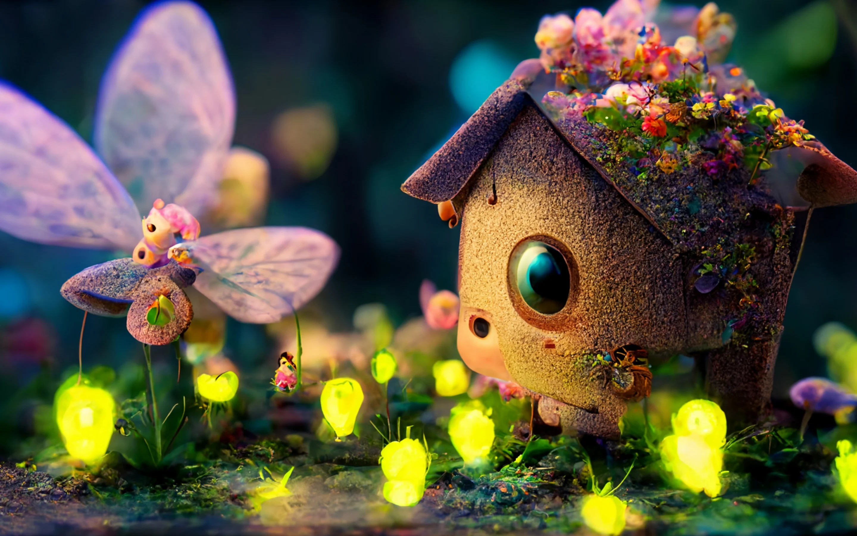 Hình nền đẹp cute với ngôi nhà tí hon và sinh vật huyền ảo trong khu vườn phát sáng